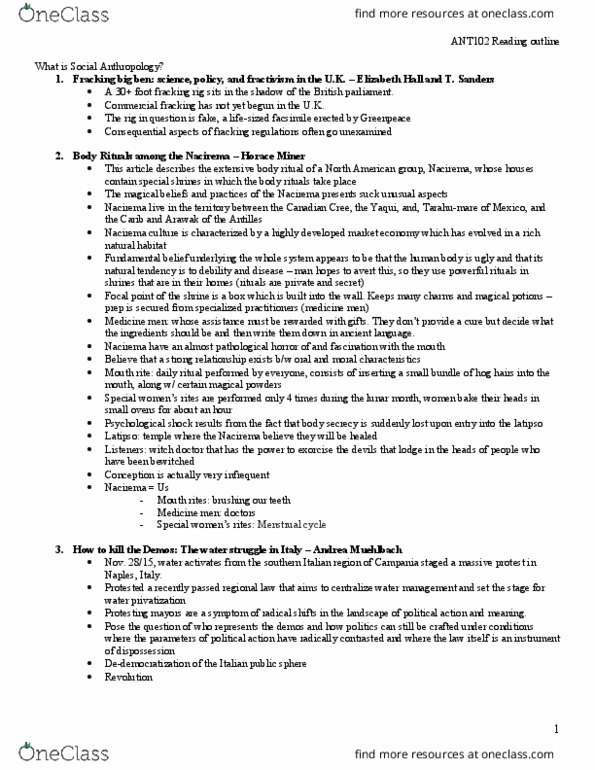 ANT102H5 Chapter Notes - Chapter all : Nacirema, Medicine Man, Menstrual Cycle thumbnail